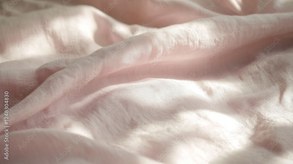 Poster delicate pink linen bed sheets gently cascade over a plush mattress, creating a serene and cozy envi