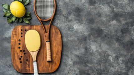 Tennis rackets, sponge, lemon, on cutting board, flat lay