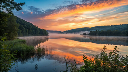 Fototapeta premium Serene landscape with vibrant sunset reflections on calm water