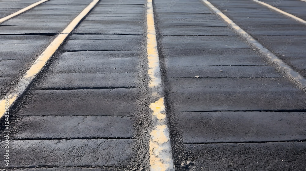 Poster detailed close up of an asphalt parking lot surface with faded painted lines and worn tire tread mar