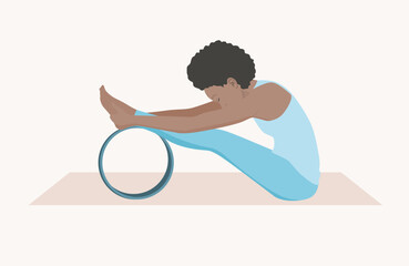 Vector illustration of young woman in blue sportswear doing calves and hamstrings stretch with yoga wheel. Woman workout, fitness.