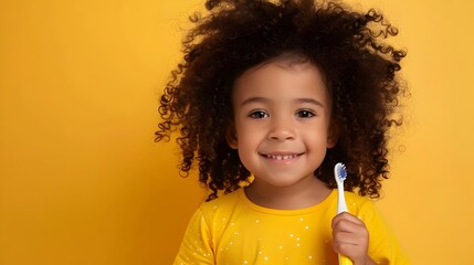 Morning Ritual Adorable Child with Curly Hair Embracing Dental Hygiene on a Vibrant Yellow Backdrop