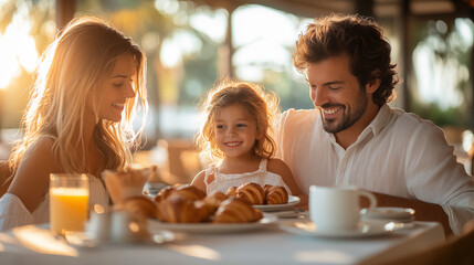 Happy family having breakfast in cafe. Mother, father and little daughter sitting at table and smiling.