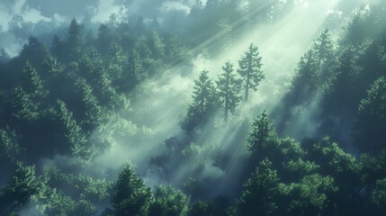 Fototapeta premium Misty forest path, serene sunlight filtering through tall trees, inviting nature scene perfect for relaxation or exploration themes.