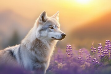 Obraz premium Graceful wolf in a purple field of lupines at sunrise. Evokes themes of tranquility, wilderness, and natural beauty.