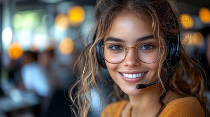 Smiling Customer Service Agent Surrounded by Holographic Chat Icons in Modern Office