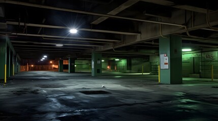 Glowing emergency exit signs providing guidance and safety in a dimly lit underground parking lot  The signs are illuminated standing out against the dark surroundings
