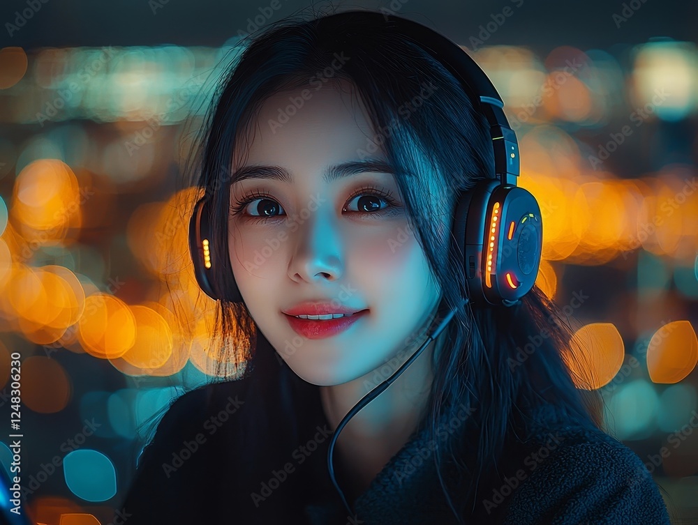 Aufkleber smiling customer service agent resolving video call with holographic tools