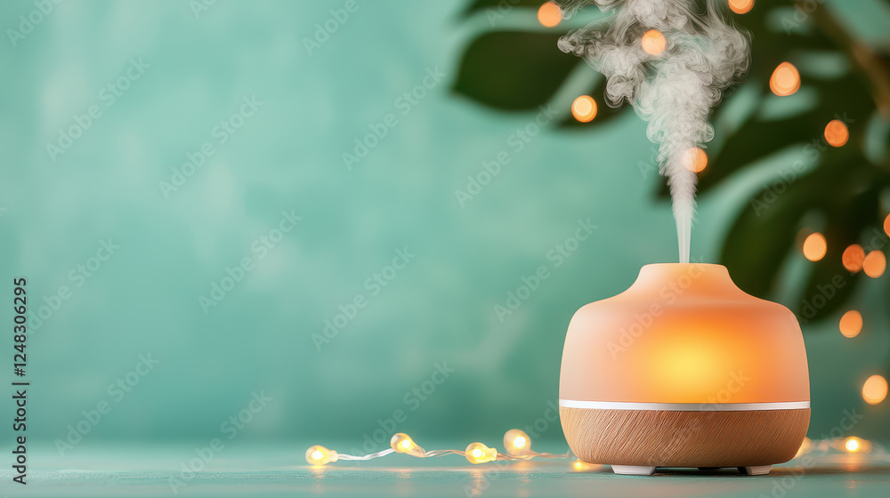 Poster calming aroma diffuser with glowing lights and soft steam against a relaxing green background