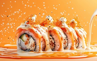 3D icon cartoon of Levitating volcano roll with spicy crab mix and creamy dynamite sauce on a pastel orange background