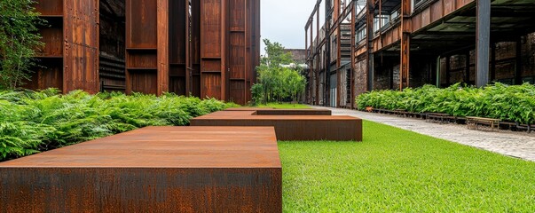 carbon footprint pollution efficiency concept. Urban space with modern architecture and greenery featuring rusted metal elements.