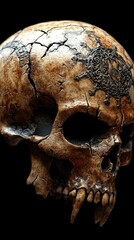 Intricate skull with cracked surface and decorative pattern, highlighted against a dark background