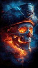 Obraz premium A glowing pirate skull emerges from fiery clouds, symbolizing adventure and danger in a mystical realm