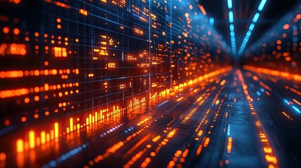 Futuristic corridor with glowing data streams, showcasing advanced technology in a digital environment