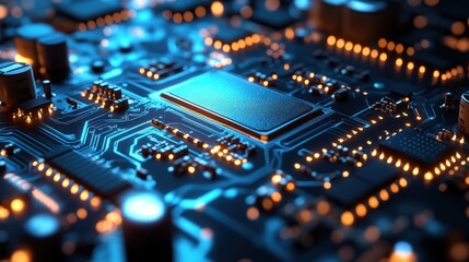 Fototapeta premium Glowing CPU on circuit board, tech background