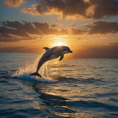 A playful dolphin jumping out of the ocean under a golden sunset, representing marine life conservation.