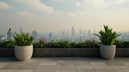 carbon footprint pollution efficiency concept. Urban rooftop garden with plants overlooking a city skyline.