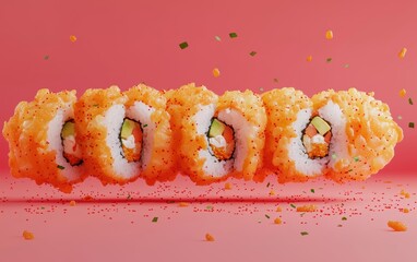 3D icon cartoon of Flying tiger roll with shrimp tempura, spicy mayo, and tobiko on a pastel red background