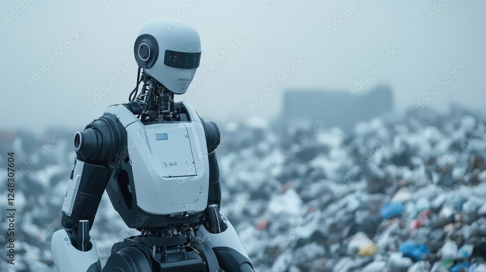 Poster carbon footprint pollution efficiency concept. robot standing amidst a vast junkyard under a foggy a