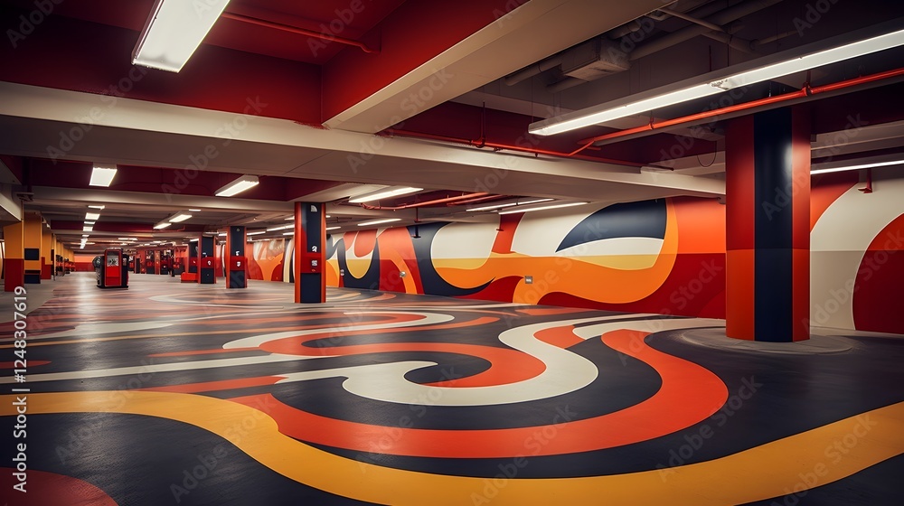 Poster visually striking and imaginative abstract interpretation of a parking lot featuring a vibrant conte