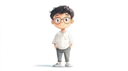 Fototapeta premium Cute Cartoon Boy with Glasses and Casual Outfit Standing Smiling