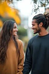 Obraz premium A couple holding hands while walking in the park. They smile at each other, enjoying a quiet moment, Generative AI