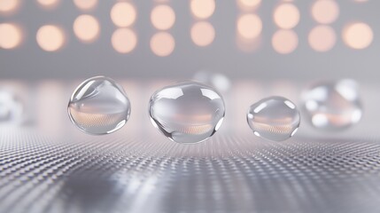 Close-up of transparent water droplets on a reflective surface with bokeh lights in the background. Scientific and environmental visualization