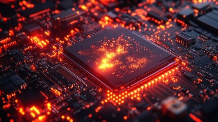 Glowing CPU processing data, circuit board, technology
