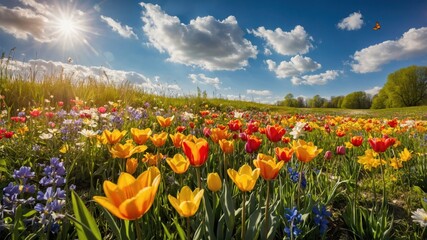 Obraz premium Colorful wildflowers blanket a vibrant field under a sunny sky, creating a picturesque springtime landscape filled with beauty.