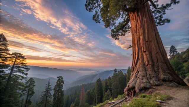 Majestic redwood tree at sunset with ethereal glow over mountains