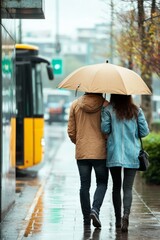 A friend sharing their umbrella with someone caught in the rain. They walk side by side, staying dry, Generative AI