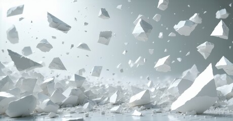 Scattered geometric white shards float in mid-air, creating a dynamic and abstract scene with pieces suspended in motion, evoking energy, and a sense of disintegration