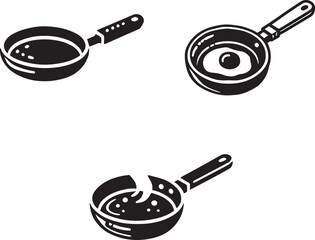 Set of Frying Pan Silhouettes with Cooking Utensils and Food