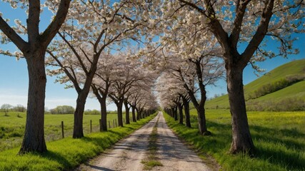 A serene country road lined with flowering trees creating a tunnel of blossoms under a clear blue spring sky.