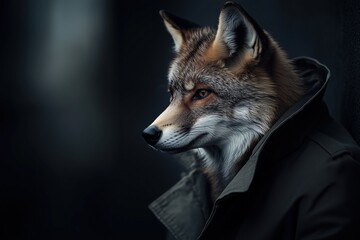 Wolf with detailed fur wearing a trench coat on a dark background. concept of mystery and anthropomorphic style