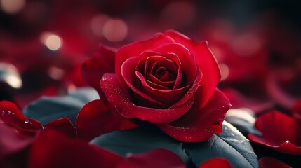 Velvety Red Rose Amidst Fallen Petals