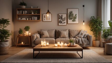 Warm and inviting living room with candles, plants, and natural light creating a cozy and relaxing atmosphere indoors.