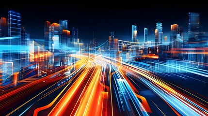 Fototapeta premium Captivating aerial perspective of a bustling and vibrant neon lit cityscape at night showcasing the dynamic flow of traffic and illumination across the urban landscape