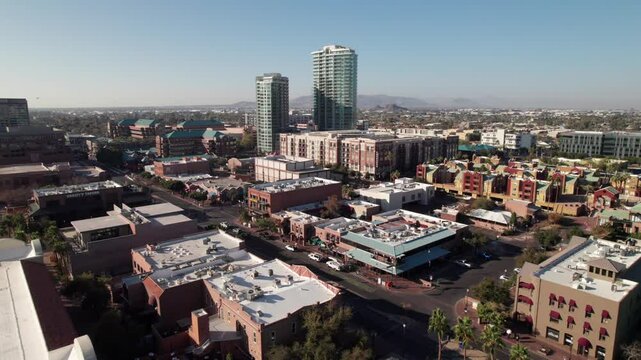 Mill Ave District, Tempe, AZ, 4K aerial view of shops and street