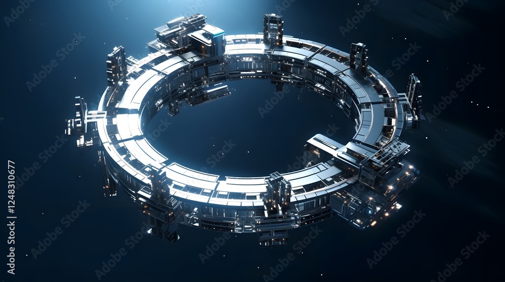 Poster captivating high angle view of a majestic space station orbiting the earth against the mesmerizing b