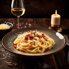 spaghetti with cheesy sauce carborana authentic italian style shot next to a glass of wine in a warm wooden setup