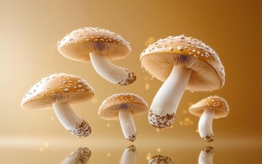 A collection of gourmet mushrooms spinning mid air with elegant reflections on a radiant golden gradient background