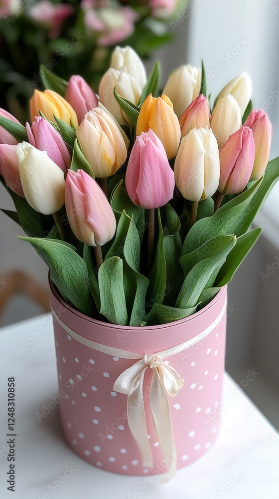 Poster vibrant pastel tulips in soft pinks and yellows fill a charming round container adorned with a ribbo