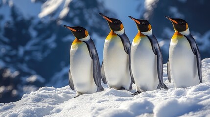 Fototapeta premium Four emperor penguins standing in a snowy landscape with mountains in the background