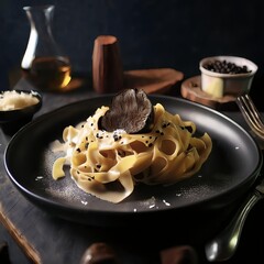 pasta with mushrooms and cheese served in a luxurious plate with a high end restaurant black background