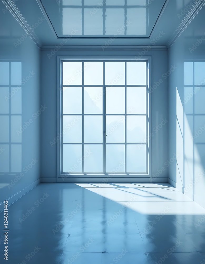 Poster sunlit serenity: a minimalist room with a view through a gridded window