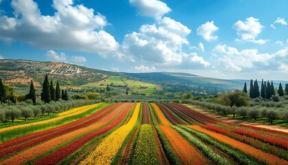 Fototapeta premium Colorful Rows Field Sunny Landscape