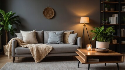Cozy living room with neutral tones, a comfortable sofa, indoor plants, and a warm ambiance. Perfect for relaxing.