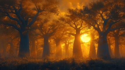 Majestic baobab trees silhouetted against a vibrant sunset in a misty forest landscape