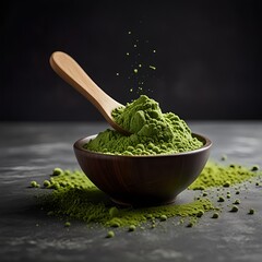 Fine matcha powder product display for matcha brand website or social media post studio style